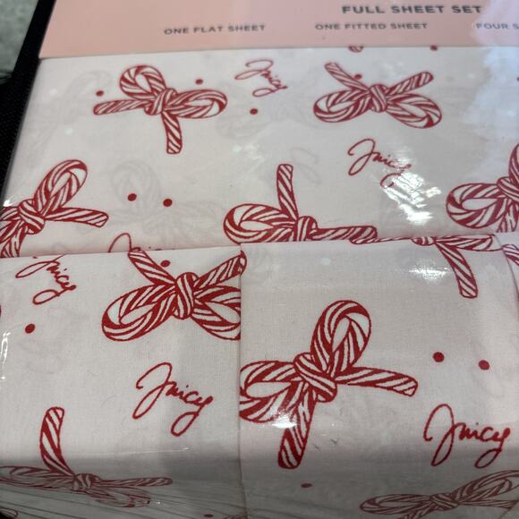 Juicy Couture FULL Pink Red Candy Cane Bows 6pc Sheet Set Coquette Christmas NEW - Picture 2 of 4